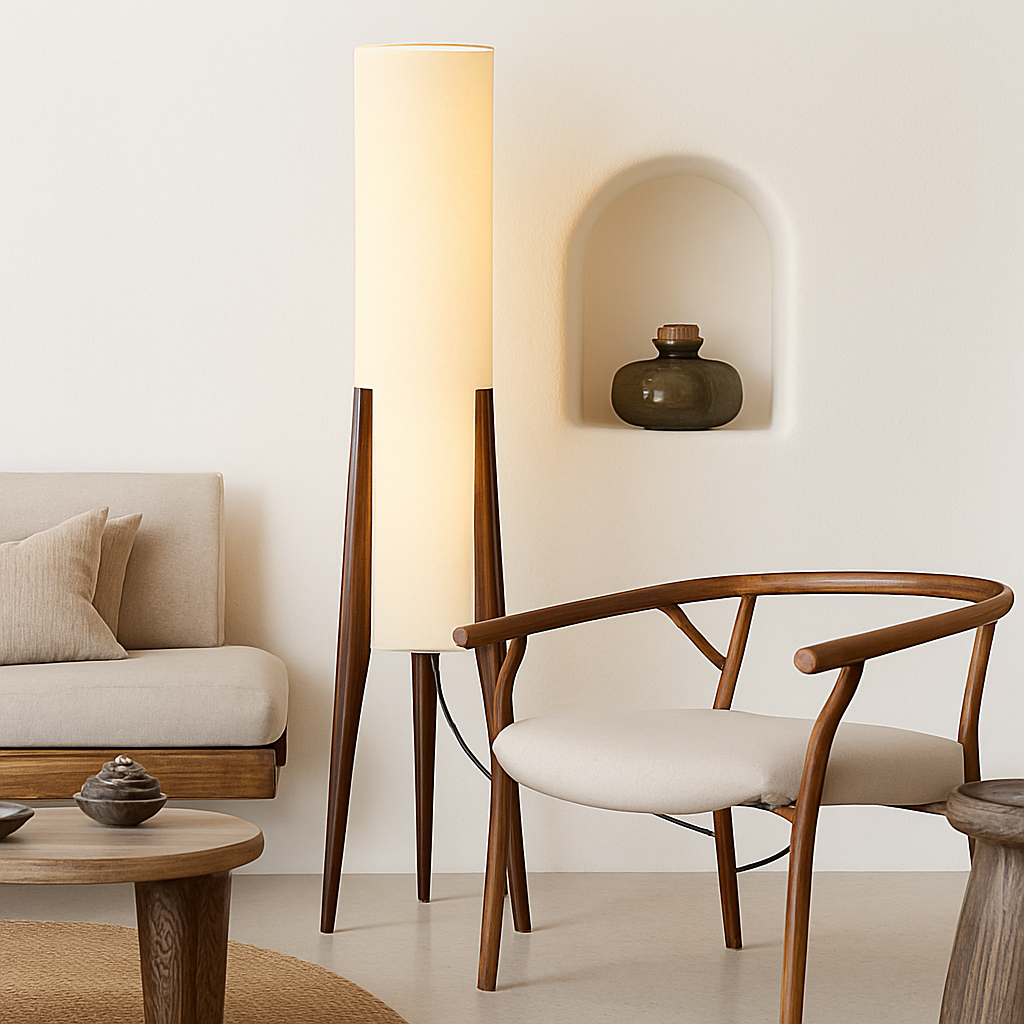 Lampadaire en bois massif avec abat-jour tissu art nordique, lecture